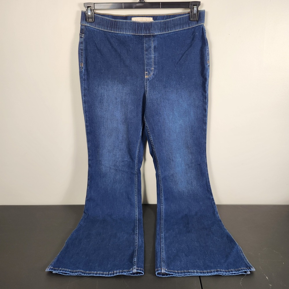 Soft Surroundings Flare Jeans Blue Denim Pull On Wide Leg Side Slit Large